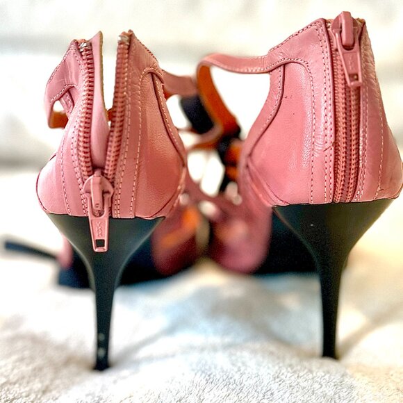 N.Y.L.A. Rose Pink/Black Tie Peep-Toe Heels (Size 7) - Picture 3 of 4